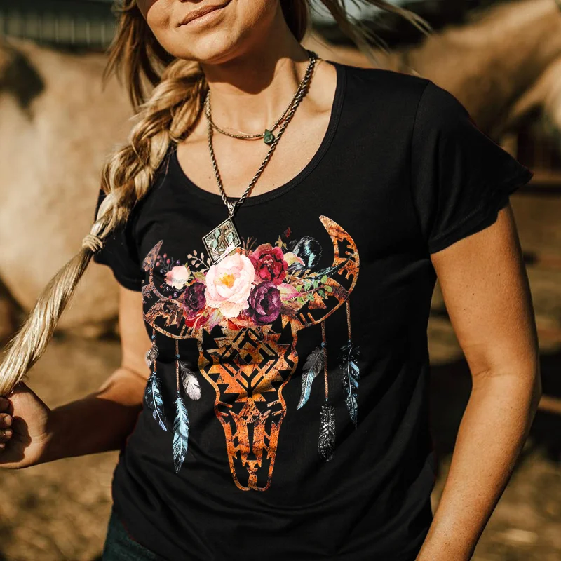 Cow Skull Flower Printed Casual Women's T-shirt