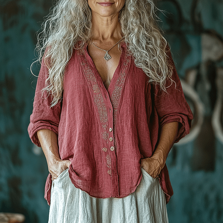 Women's Casual Linen Bohemian Long Sleeve Shirt