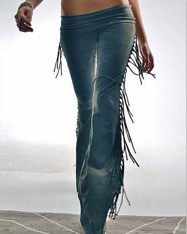 women vintage solid color tassel pants p469425
