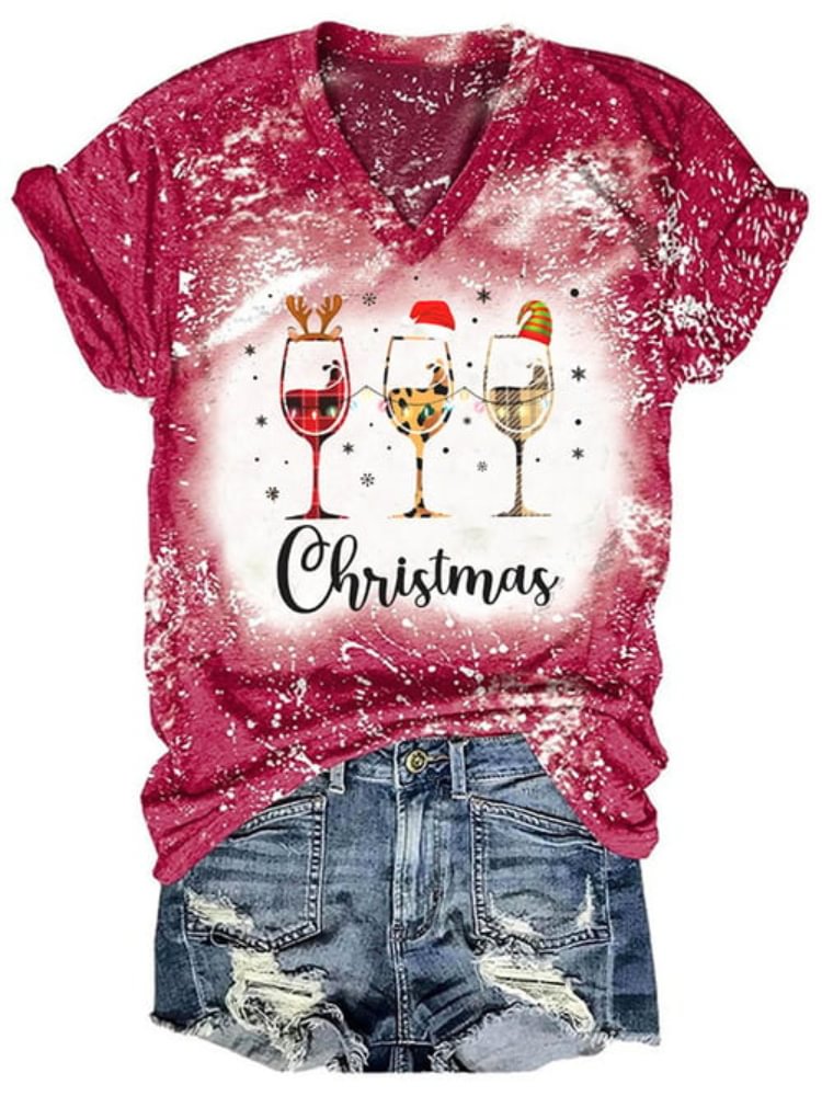 Vefave Wine Glass And Snowflake Print Tie Dye T Shirt