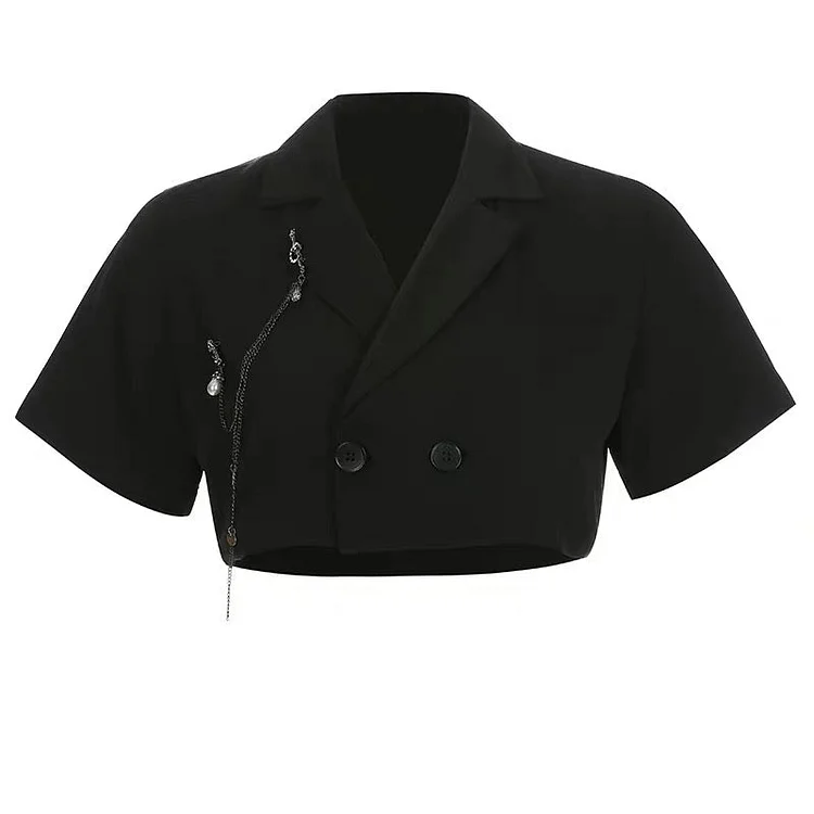 Cropped  V-neck Turn-down Collar Jacket  Short Sleeve