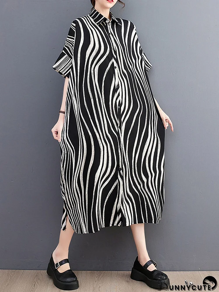 Raglan Sleeve Oversize Zebra-Stripe Split-Joint Lapel Midi Dresses Shirt Dress