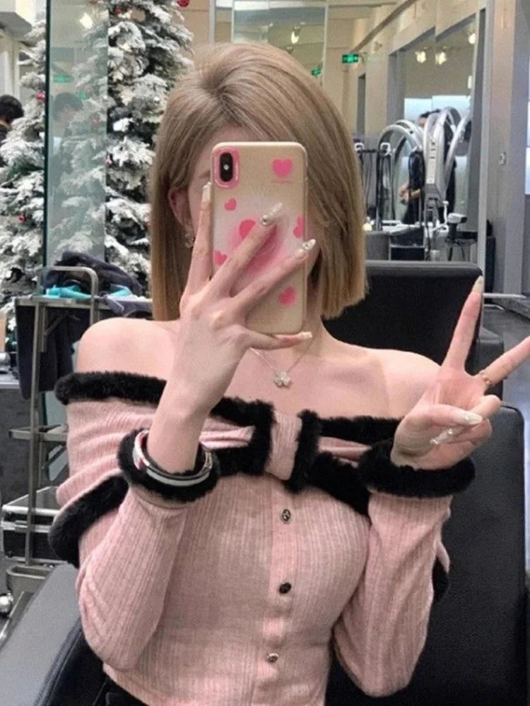 Tlbang Fashion Patchwork Fluffy Pullover Y2k Aesthetic All Match Slash Neck Crop Top Casual Bottoming Women Off Shoulder Knitwear