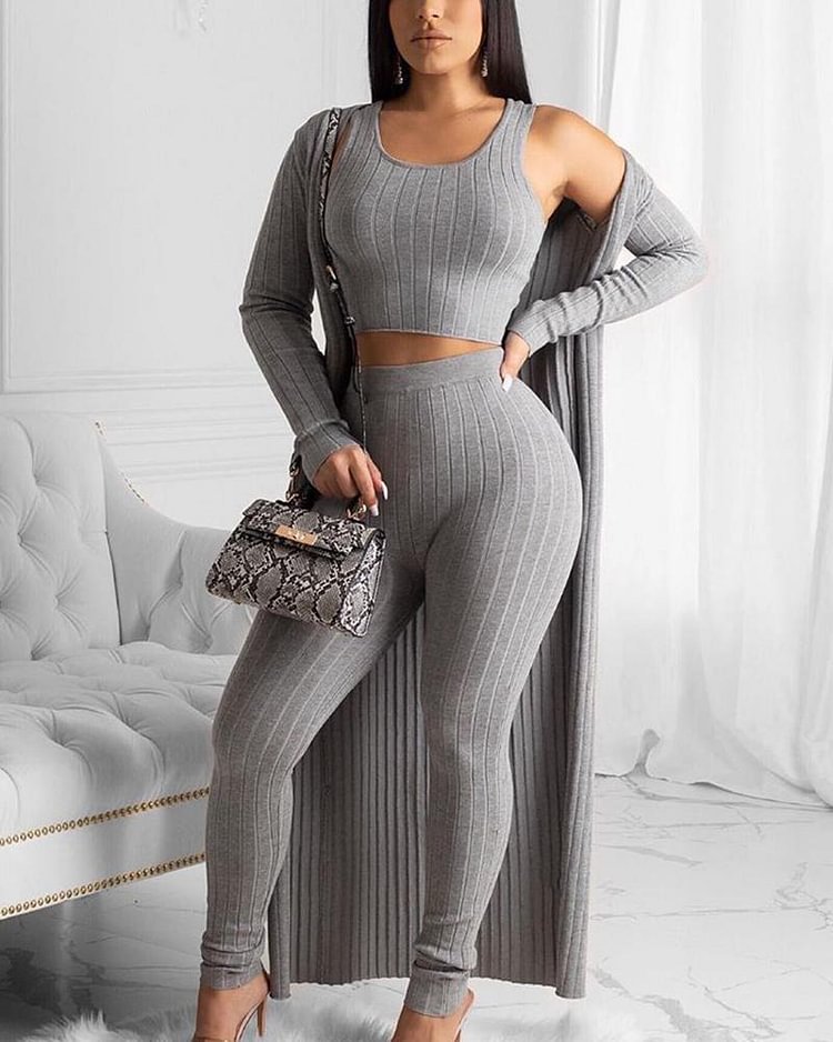 3 Piece Solid Rib-Knit Top & Pants & Cardigan Set - Shop Trendy Women's Clothing | LoverChic