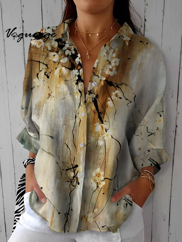 Elegant And Dignified Ink Painting Plum Blossom Printed Cotton And Linen Shirt