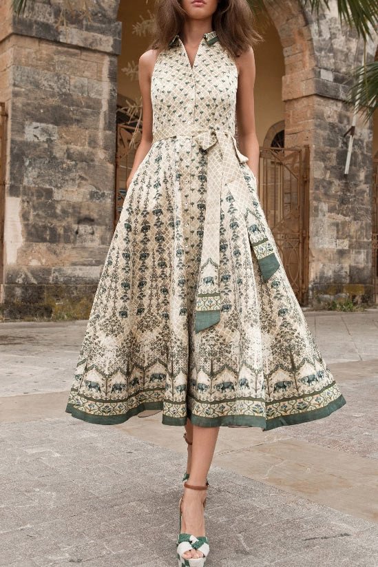Vintage Button Down Lace-up Lapel Printed Dress - Life is Beautiful for You - SheChoic
