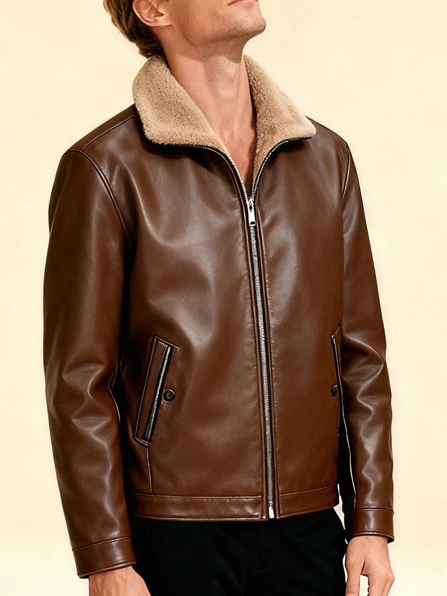 Fleece-lined Men's Leather Clothing With Stand Collar