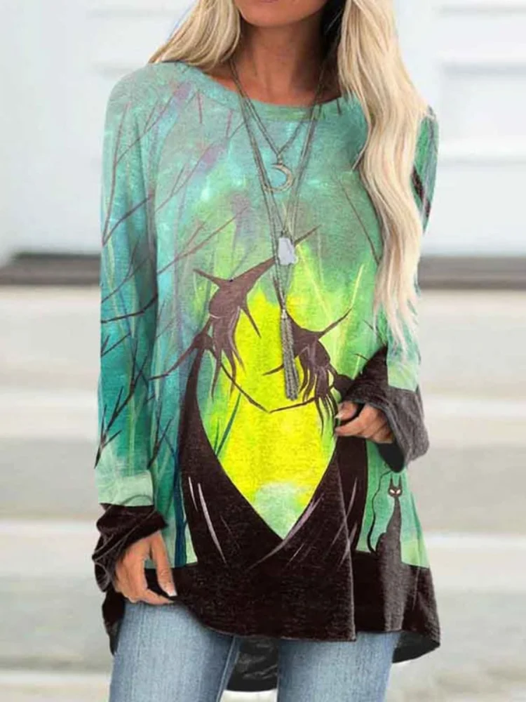 Vefave Weird Witch And Black Cat Print Long Sleeve Tunic