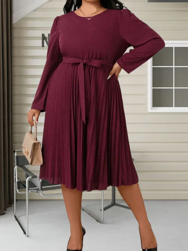 Pleated Solid Color Tied Waist Long Sleeves Loose Round-Neck Midi Dresses