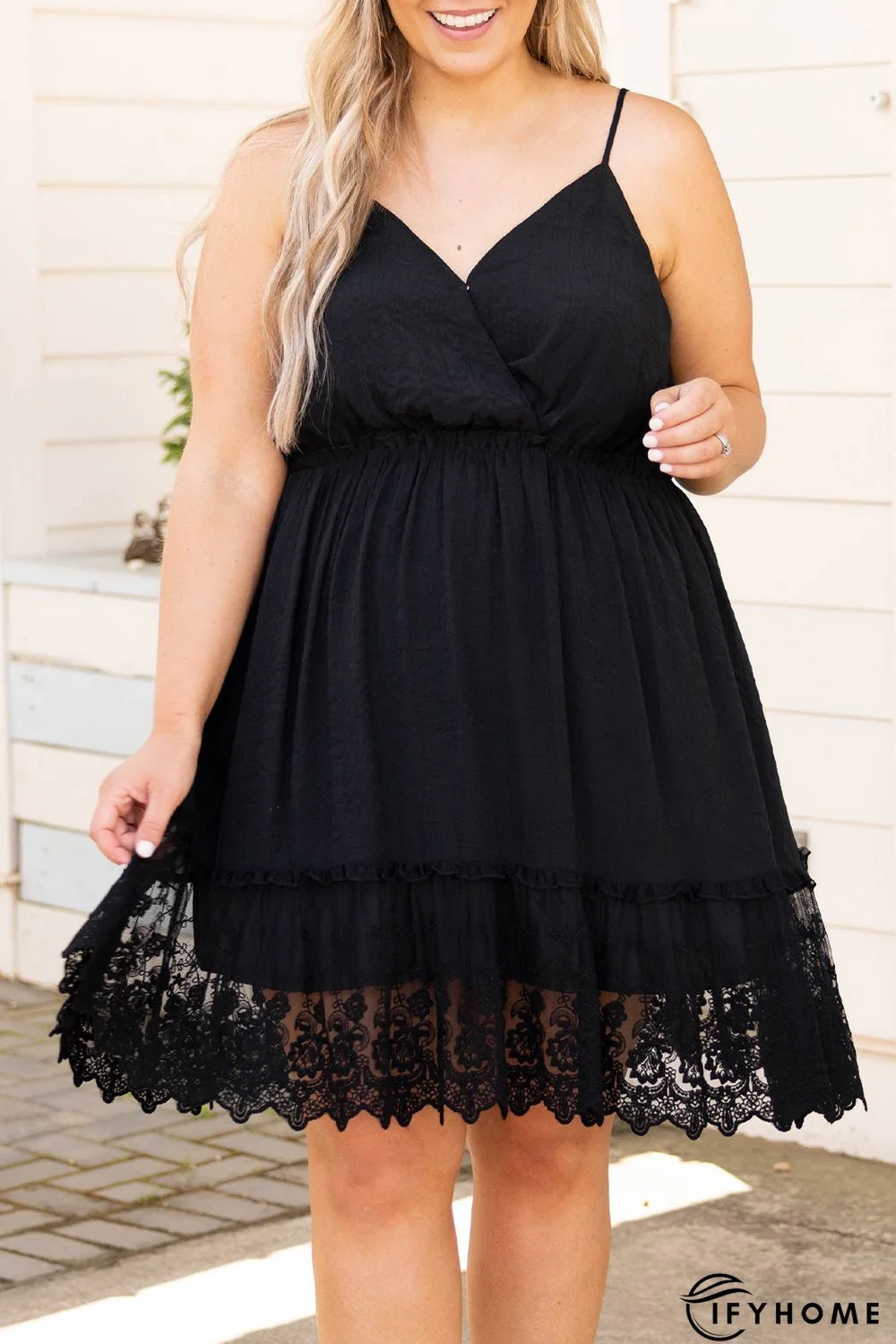 Black Lace Ruffle Hem Plus Size Flared Sundress | IFYHOME