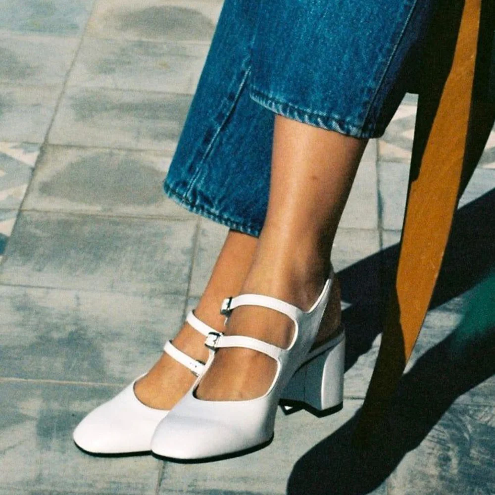 White Closed Round Toe Strappy Loafers With Low Chunky Heels Nicepairs