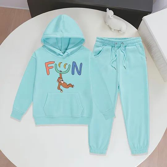【2Y-13Y】Festive Fleece-Lined Hoodie And Jogger Set With Fun Banana Monkey Cartoon Design For Kids