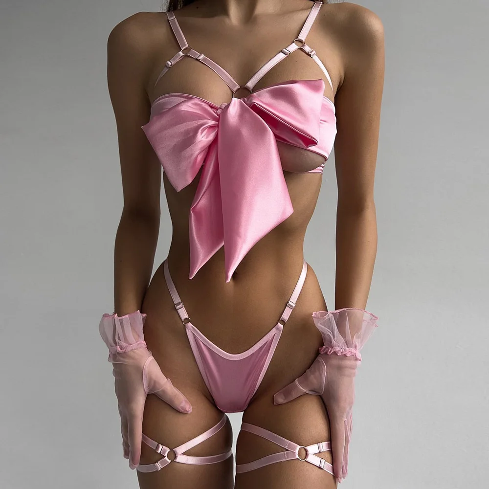 Bowknot Satin Sex Lingerie With Leg Rings - Rose Toy