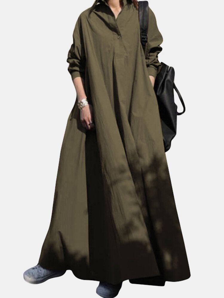Women Solid Color Lapel Collar Long Sleeve Casual Dress