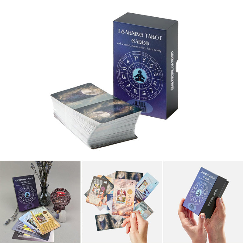 A deck of tarot cards with meanings printed on them, illustrating how symbols and imagery guide interpretations