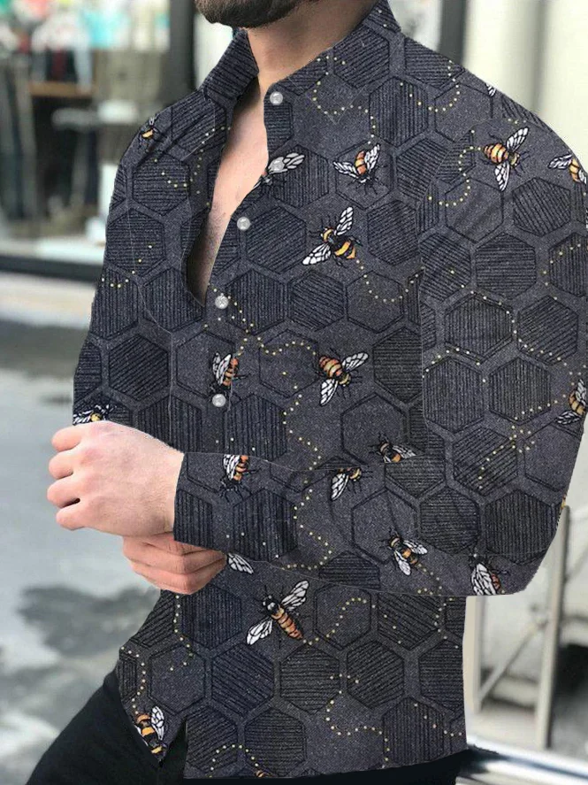Black fashion casual geometric bee Print Long Sleeve Shirt