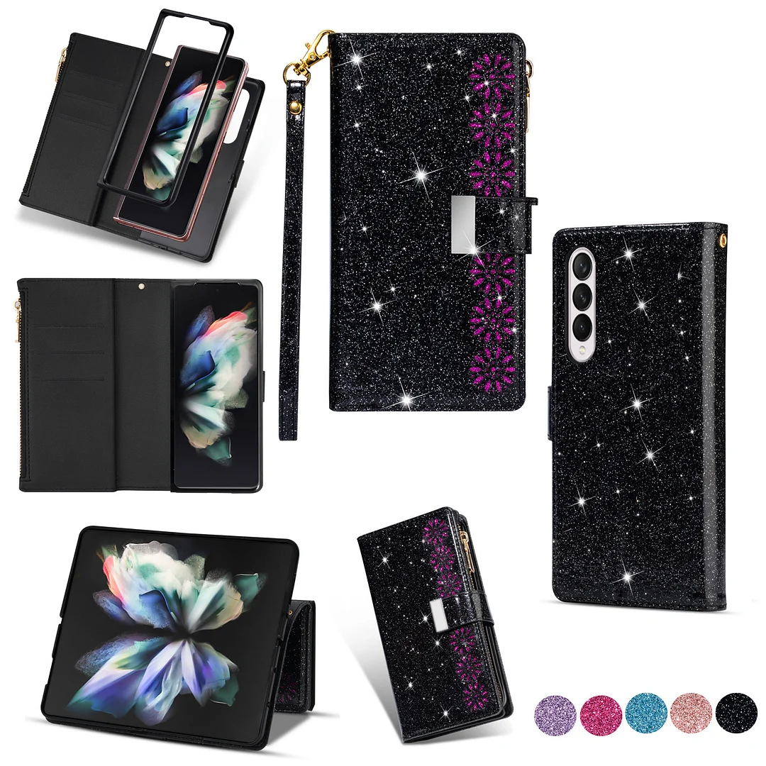 Luxury Shiny sequins laser engraving Leather Phone Case With Stand Holder,6 card slots,Carry Strap And Hinge For Galaxy Z Fold3/Fold4/Fold5