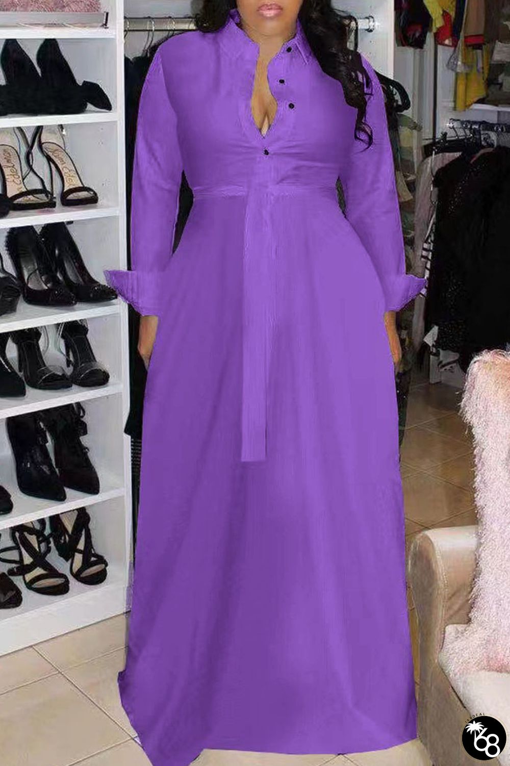 Purple Casual Solid Bandage Patchwork Buckle Turndown Collar Straight Dresses | 168DEAL