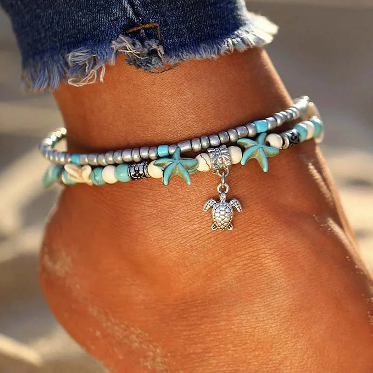 Turquoise Crystal Bracelet Anklet with Turtle Symbol