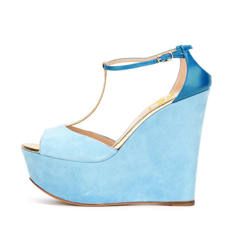Light Blue Wedge Sandals T-strap Suede Peep Toe Platform Heels |FSJ Shoes