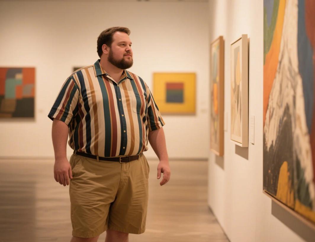 A big and tall men visiting museum in short set.