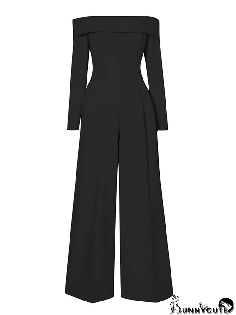 High Waisted Long Sleeves Pleated Solid Color Split-Joint Tied Off-The-Shoulder Jumpsuits