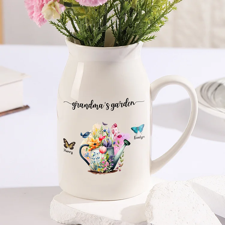Personalized Ceramic Flower Vase Custom 2 Names Butterfly Watering Vase Gift Grandma's Garden