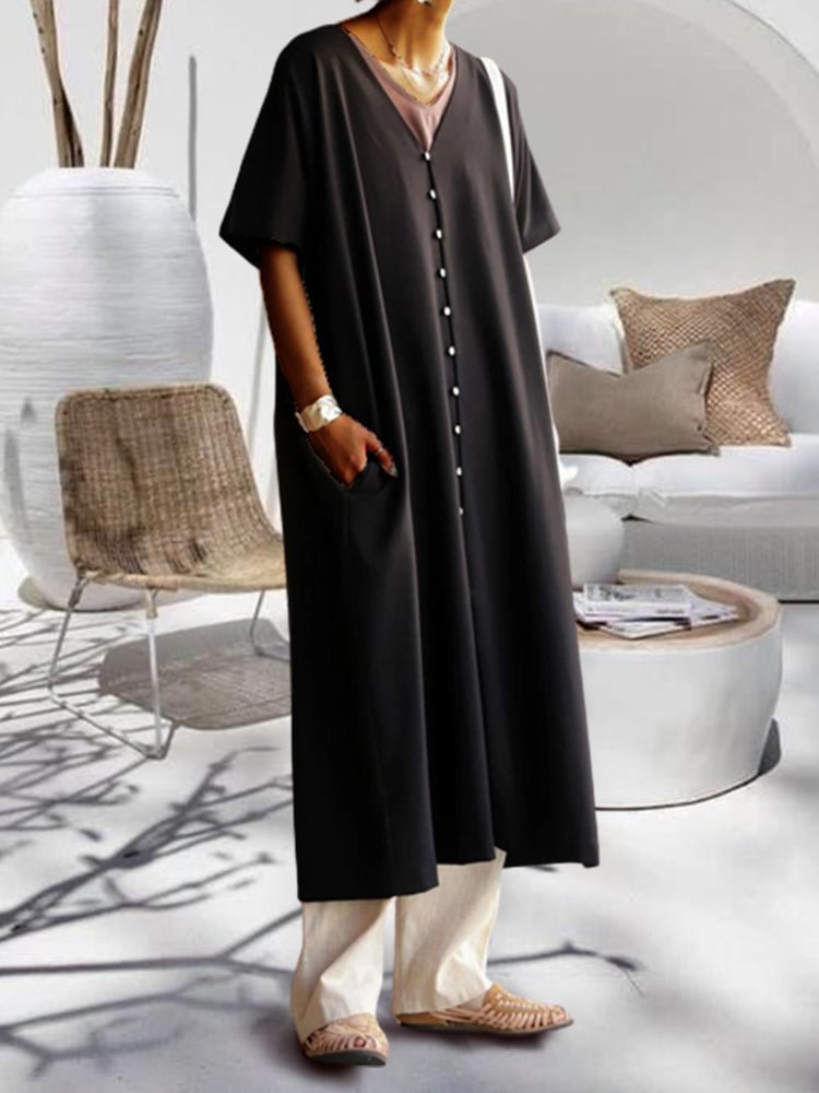 Short Sleeve V-Neck Loose Dress Shirt Long Dress socialshop