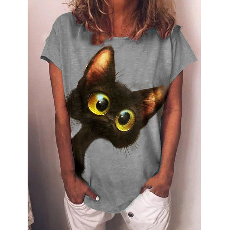 Vefave Round neck cat print loose long sleeve T-shirt