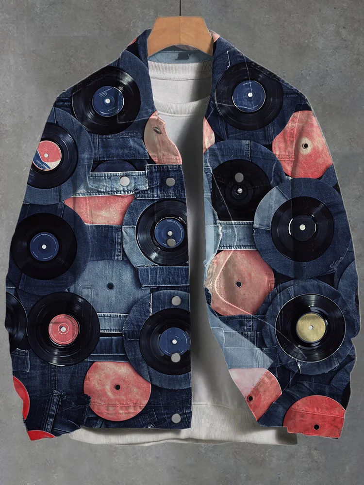 Men's Retro Vinyl Records Print Denim-Like Long Sleeve Shirt
