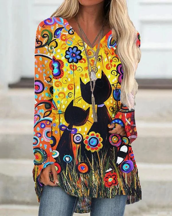 Cartoon Cat Print V-neck Long Sleeve Plus Size Blouse
