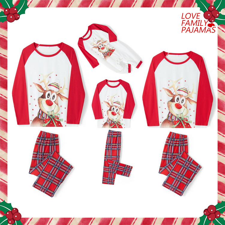 Christmas Family Matching Reindeer Red Plaid Pajamas Set