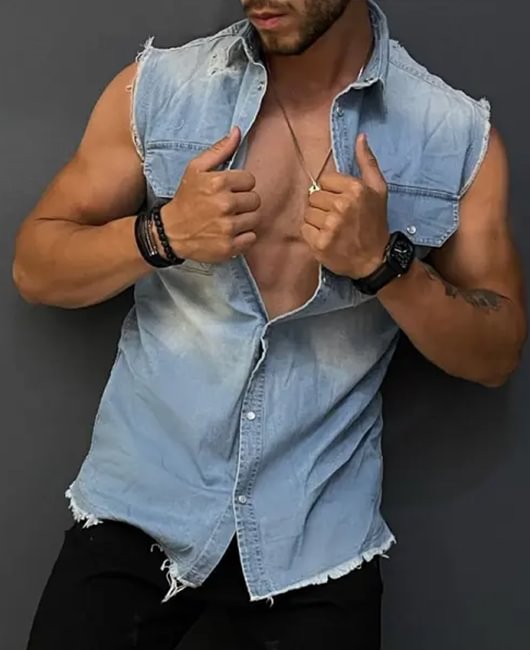 Casual Light Washed Frayed Distressed Sleeveless Denim Shirt