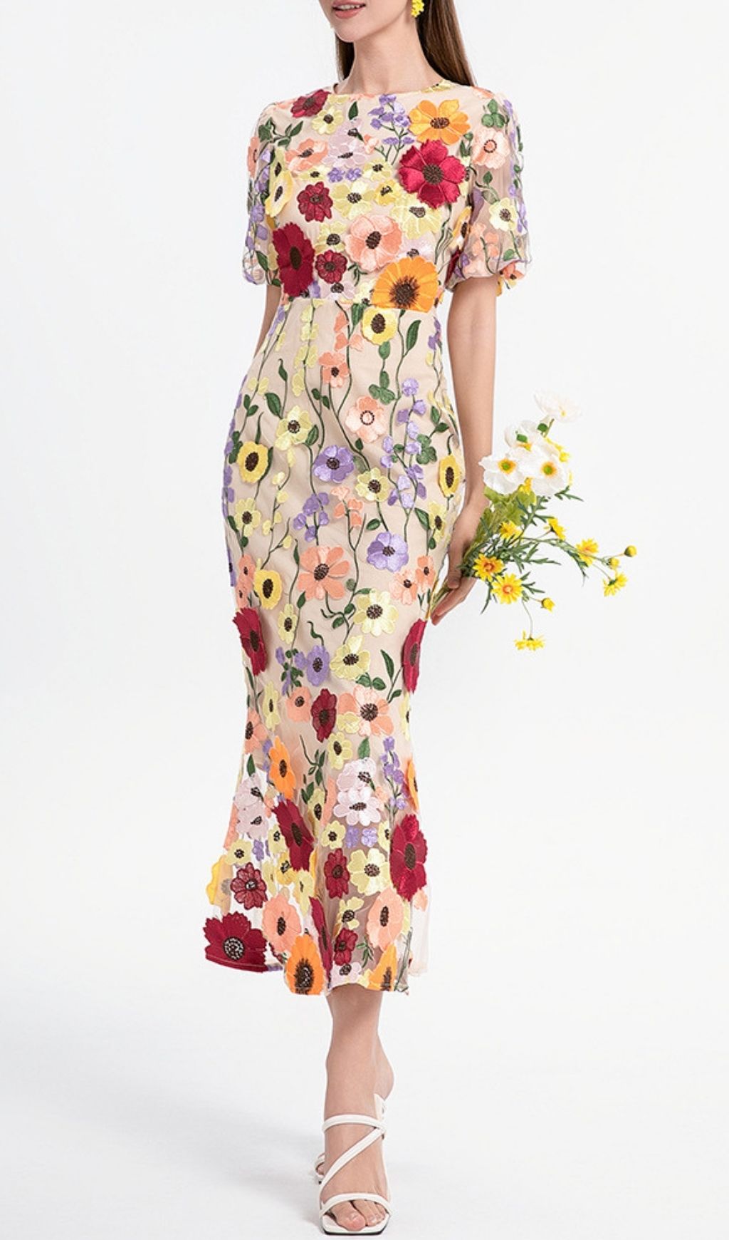 Fashionslee Women Kura Puff Sleeve Flower Embroidery Midi Dress Fashionslee Women Kura Puff Sleeve Flower Embroidery Midi Dress