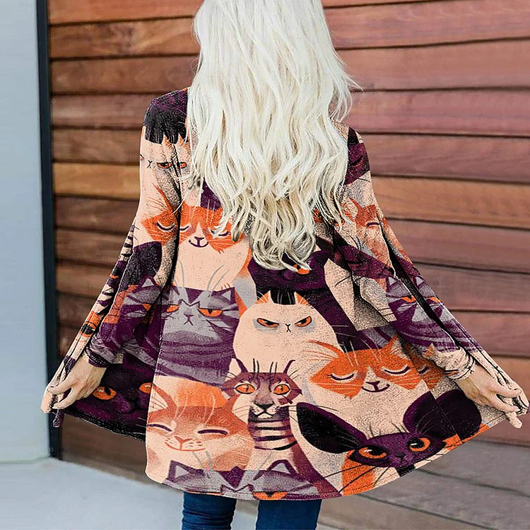 Vefave Cat Print Casual Cardigan