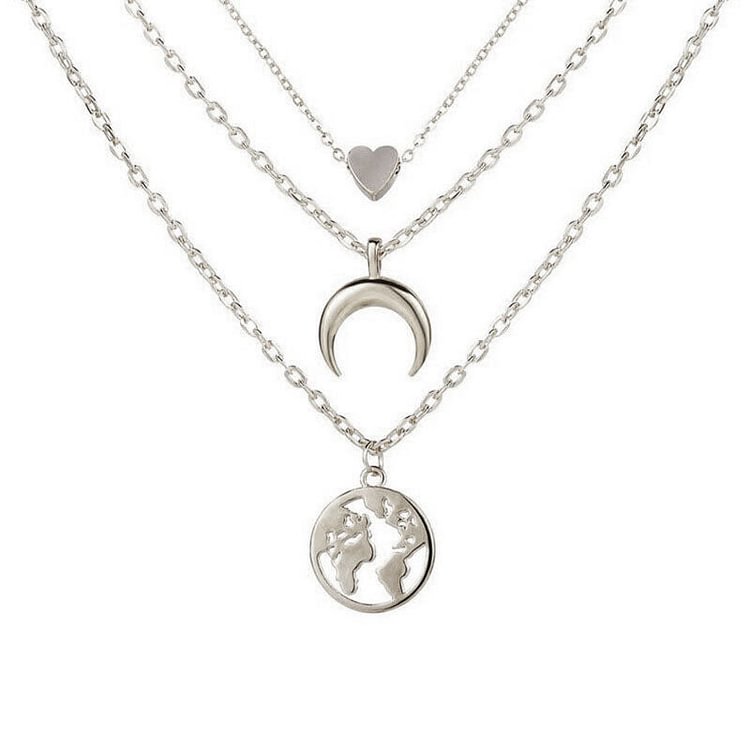 Heart and Crescent Map Combination Multilayer Necklace