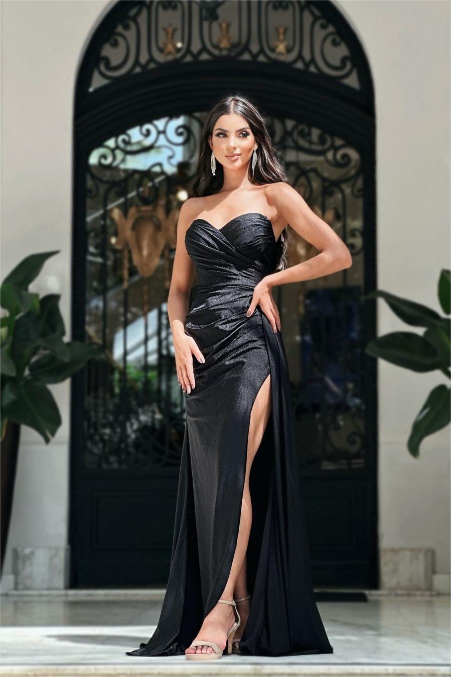 Daisda Glamorous Black Stain Strapless Sleeveless Pleated Long Evening