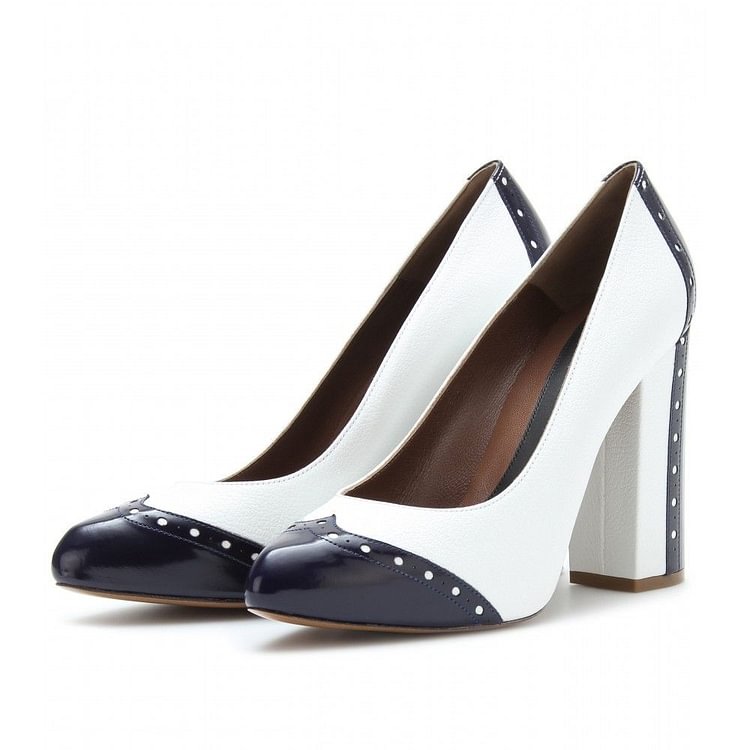 White and Navy Low-cut Uppers Almond Toe Vintage Heels Shoes |FSJ Shoes