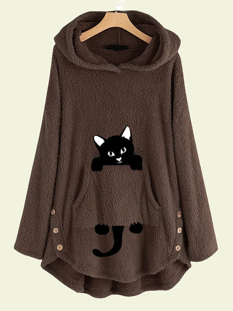 Casual Cat Print Fleece Hoodie socialshop