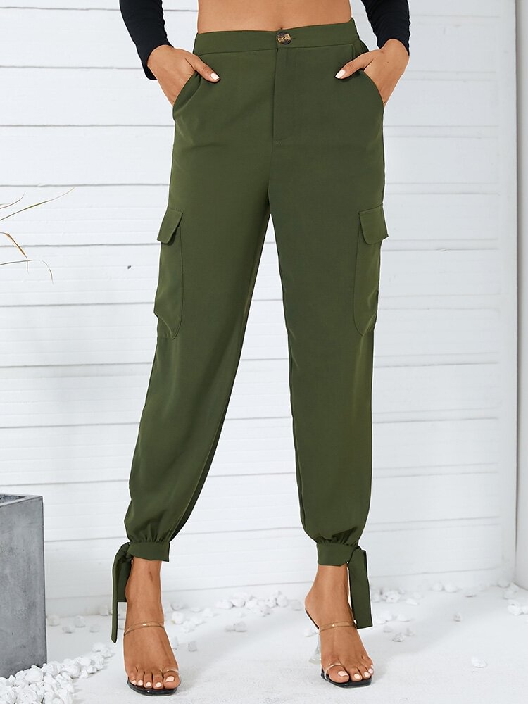 Solid Color Knotted Button Pocket Long Casual Pants for Women