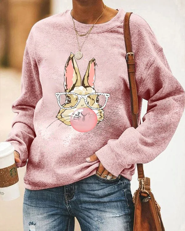 Cute Bunny With Glasses Bubblegum Print Sweatshirt