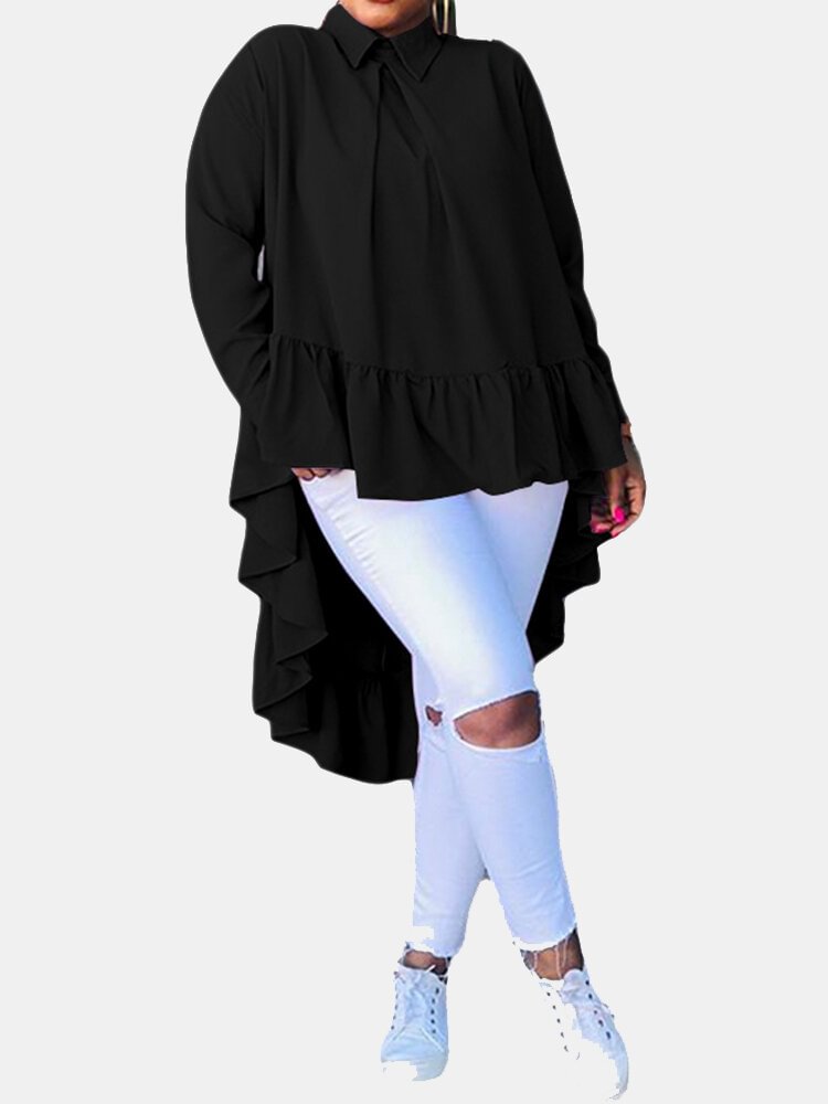 Solid Color Flounces Long Sleeve Casual Shirt For Women P1640514