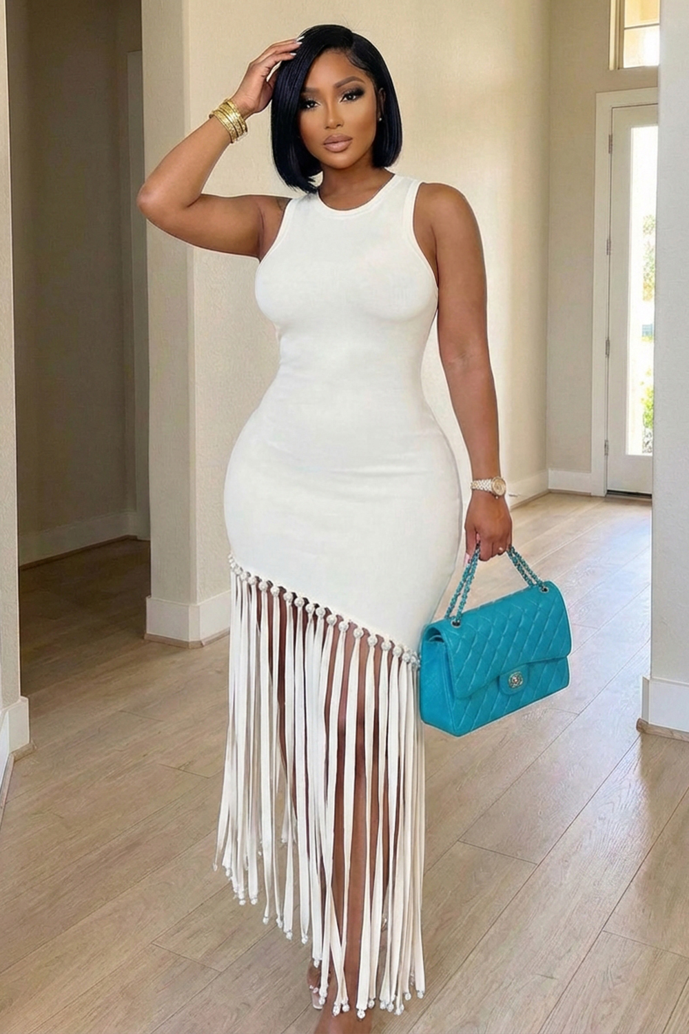 Round Neck Sleeveless Fringe Hem Slim Fit Maxi Dresses-White White-S Round Neck Sleeveless Fringe Hem Slim Fit Maxi Dresses-White White-S