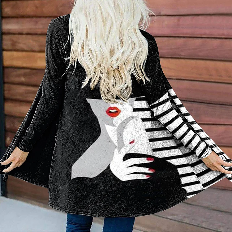 Vefave Striped Portrait Print Long Sleeve Cardigan