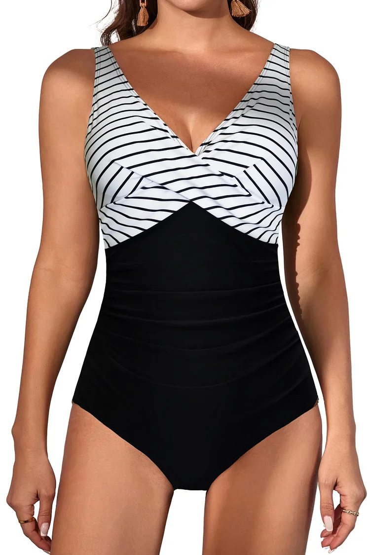 V Neck Ruched Wrap Tummy Control One Piece Swimsuit