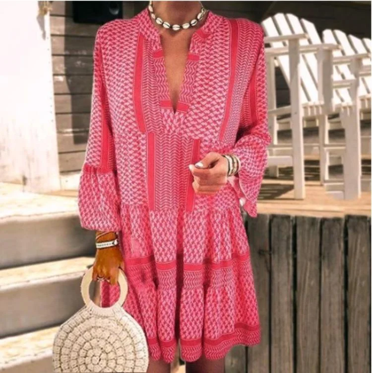 Pink V-neck Bell Sleeve Mini Dress