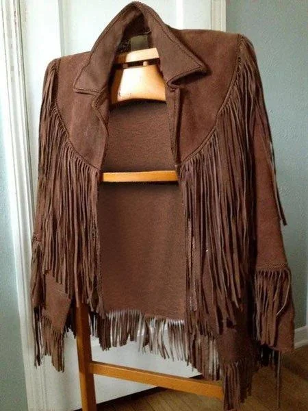 Coffee Fringed Shift Long Sleeve Outerwear
