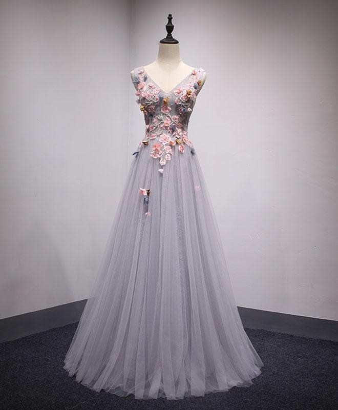 Gray V Neck Tulle Lace Long Prom Dress, Evening Dress