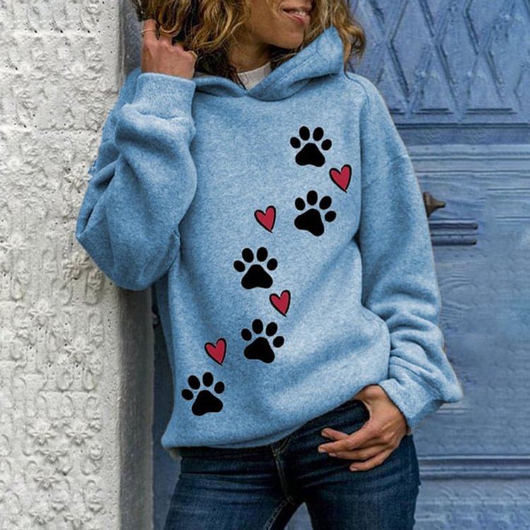 Comstylish Love Dog Paw Print Casual Long Sleeve Hooded Sweatshirt