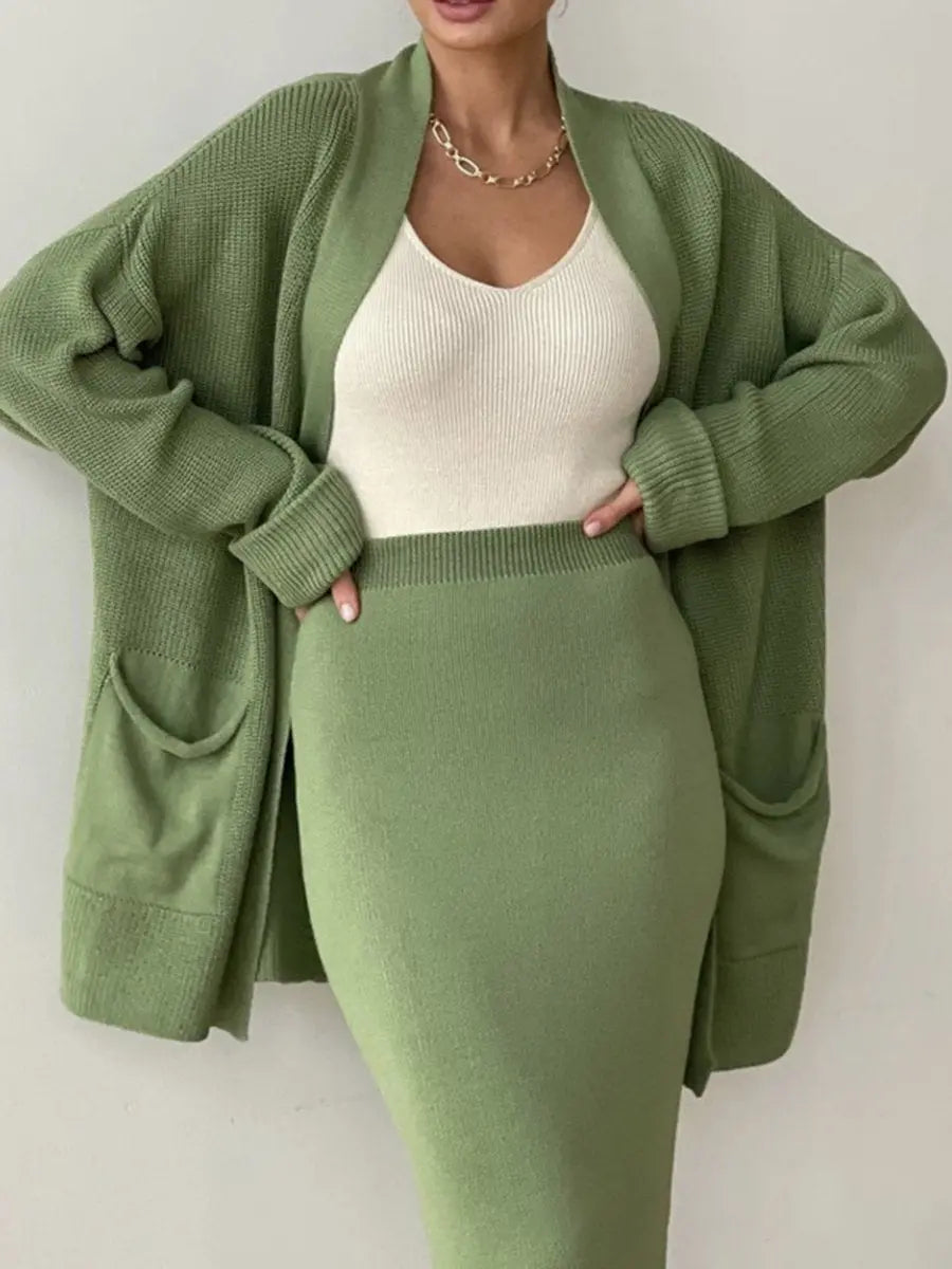 Knitted Sweater Cardigan & High Waist Skirt Sets